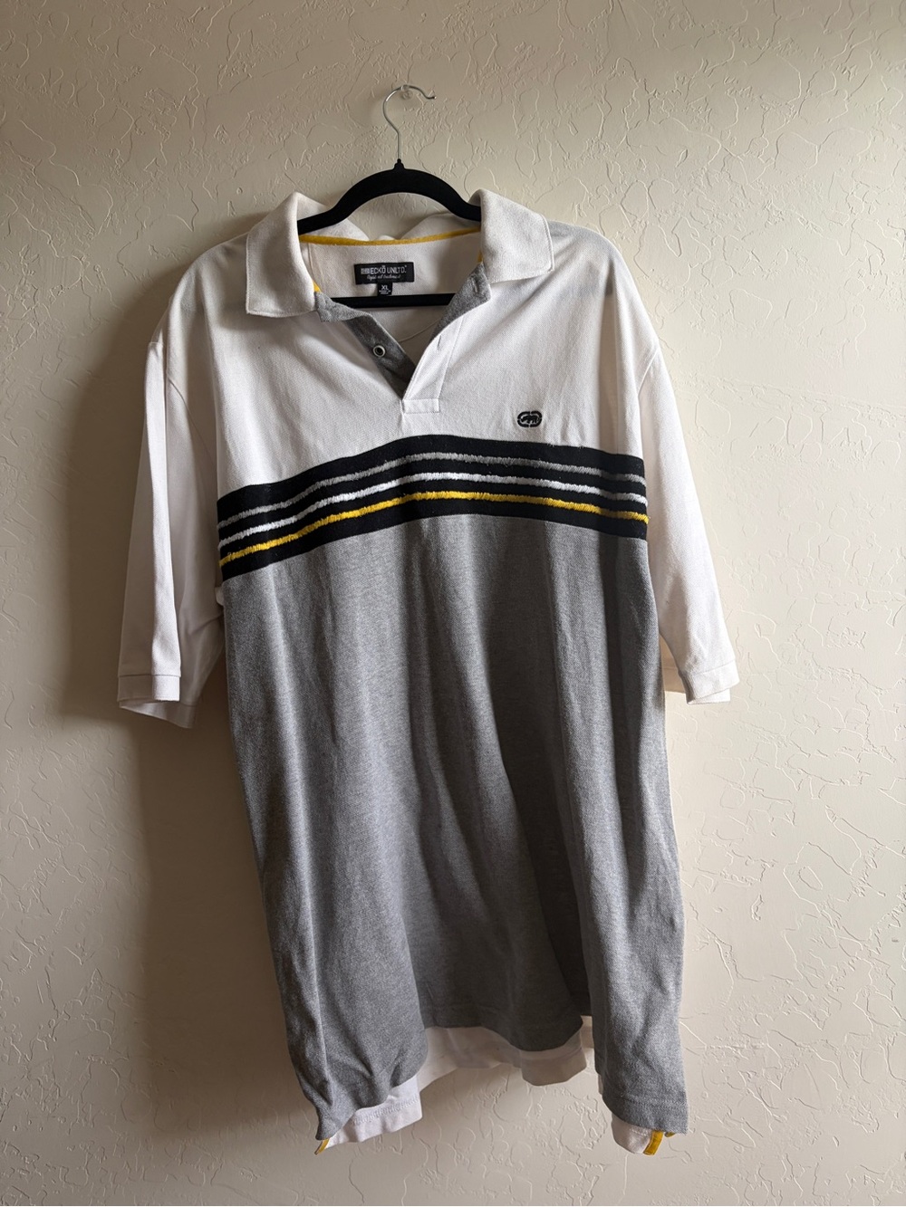 Ecko Unlimited White, Gray & Yellow Striped Rugby Polo